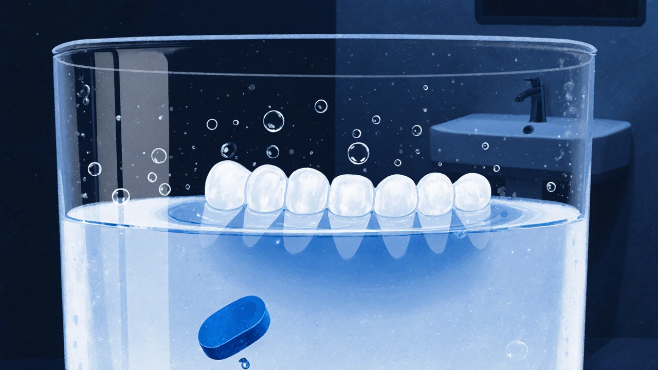 Protéza ponořená v sklenici s vodou na noc.