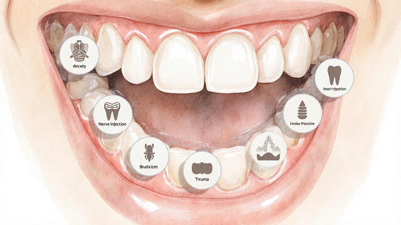 Průhledná čelist s symboly sedmi příčin bolesti předních zubů, vyobrazených jako jemné ikony.