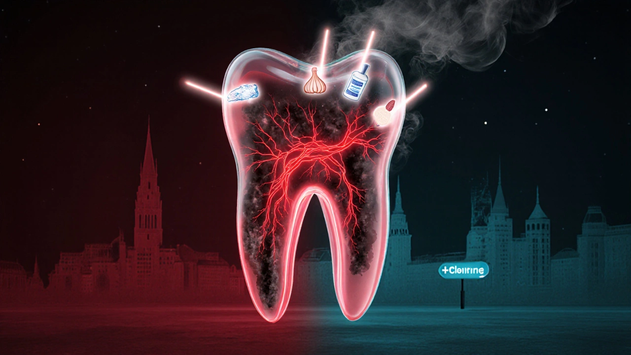 Průhledný zub s infekcí a léčivými paprsky symbolizujícími domácí metody.