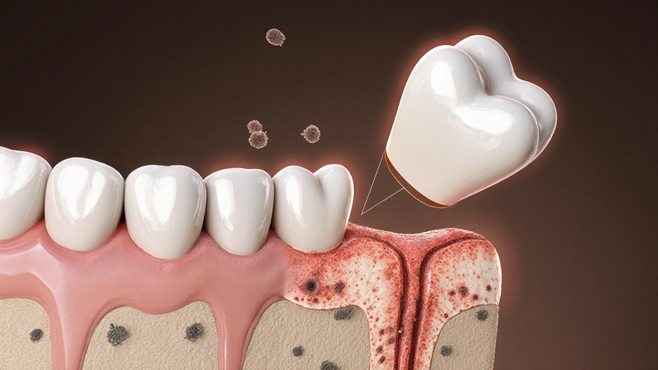 Řez čelistí ukazující šikmo rostoucí zub 48 tlačící na kořen sousedního zubu.