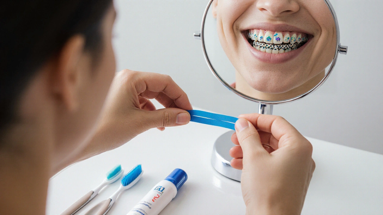 Ruka připevňuje elastickou vazbu mezi horními a dolními závěsy na rovnátkách.