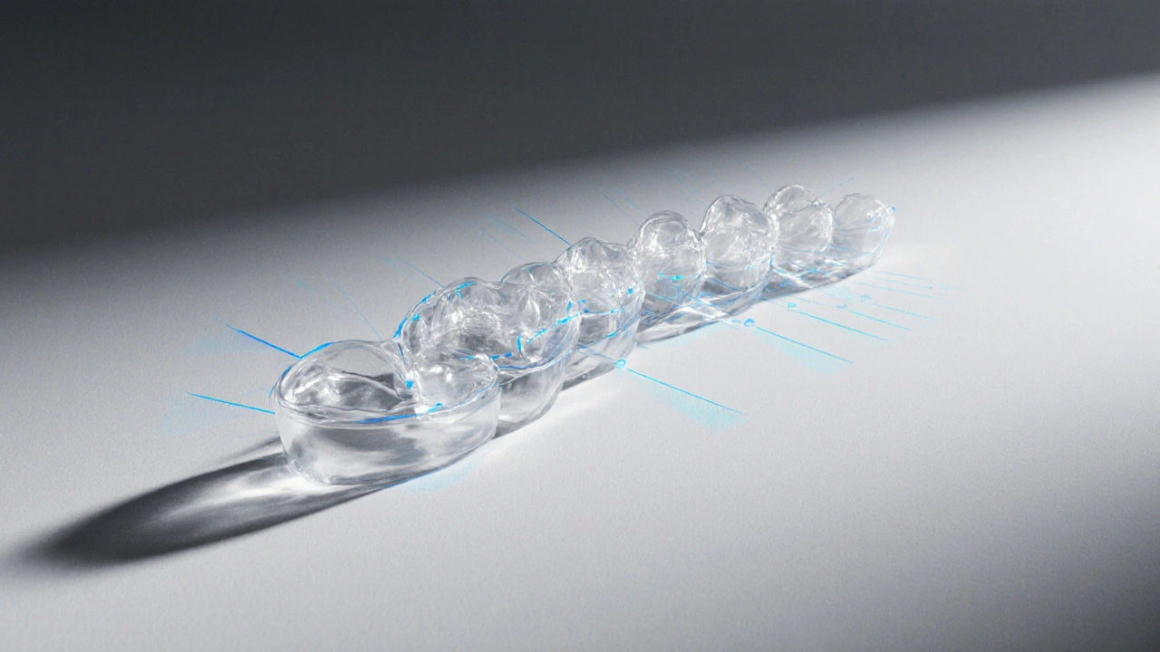 Sekvence průhledných rovnátek v pořadí ukazující postupné posouvání zubů.