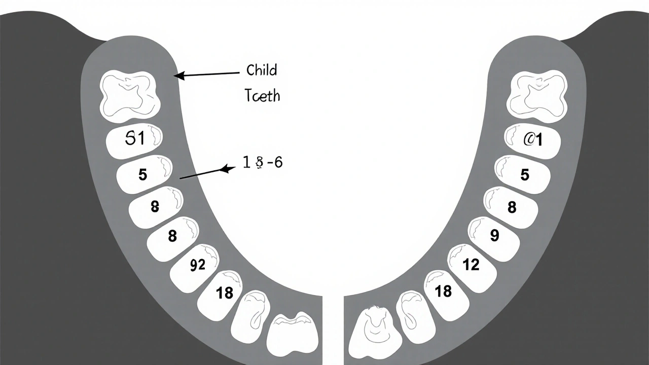 Srovnání dospělých a dětských zubů s čísly FDI systému, znázorňující přechod mléčných na trvalé zuby.
