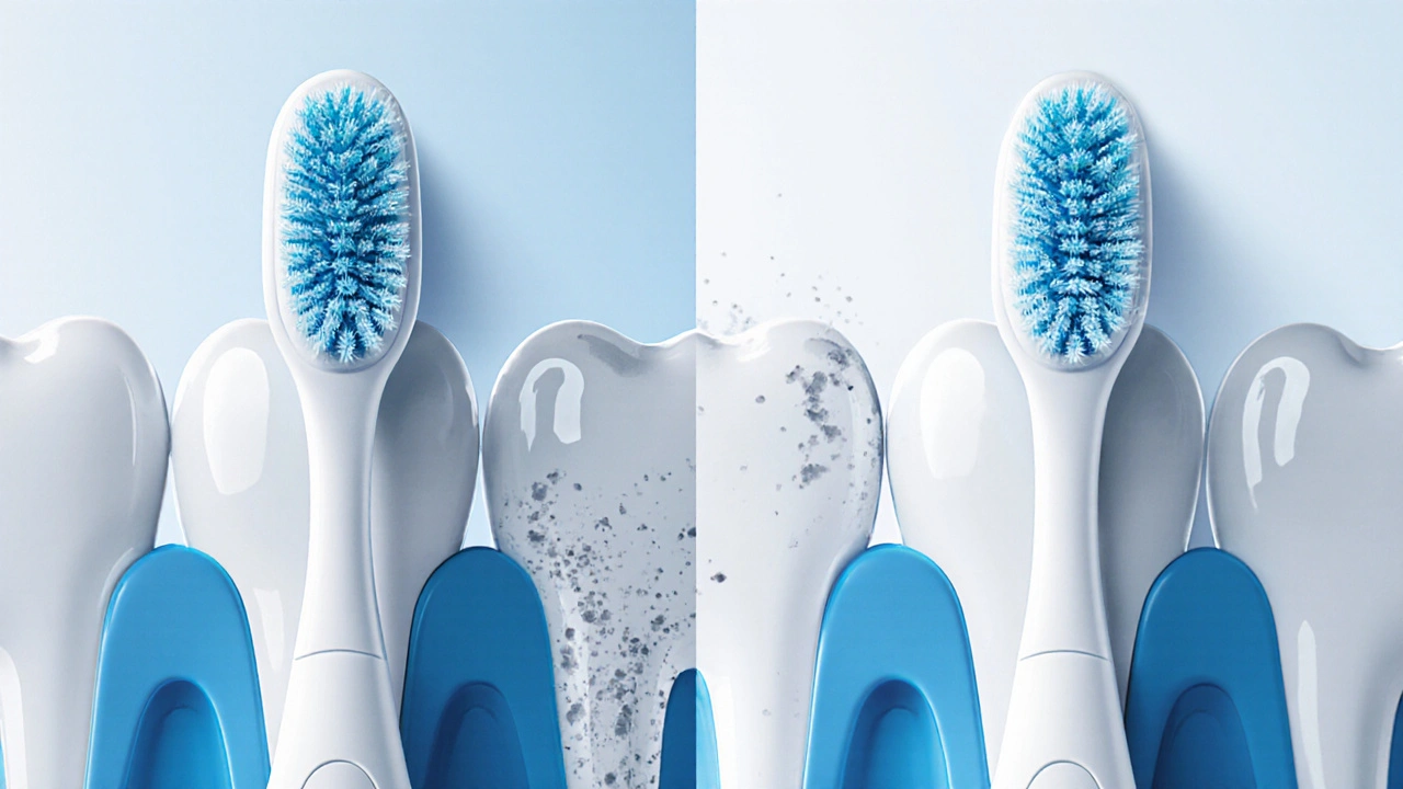 Srovnání hustoty štětce: jemné vlasíky Curaprox vs. běžný kartáček na zubním modelu.