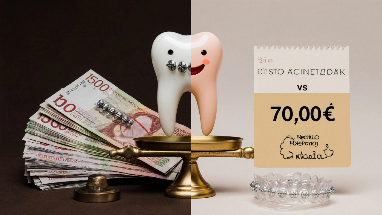 Srovnání nákladů: kovová rovnátka vs. průhledná rovnátka na váhách s zubem a úsměvem.