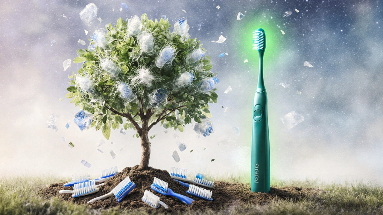 Tree growing from a toothbrush handle, made of recycled plastic, symbolizing sustainable oral care.