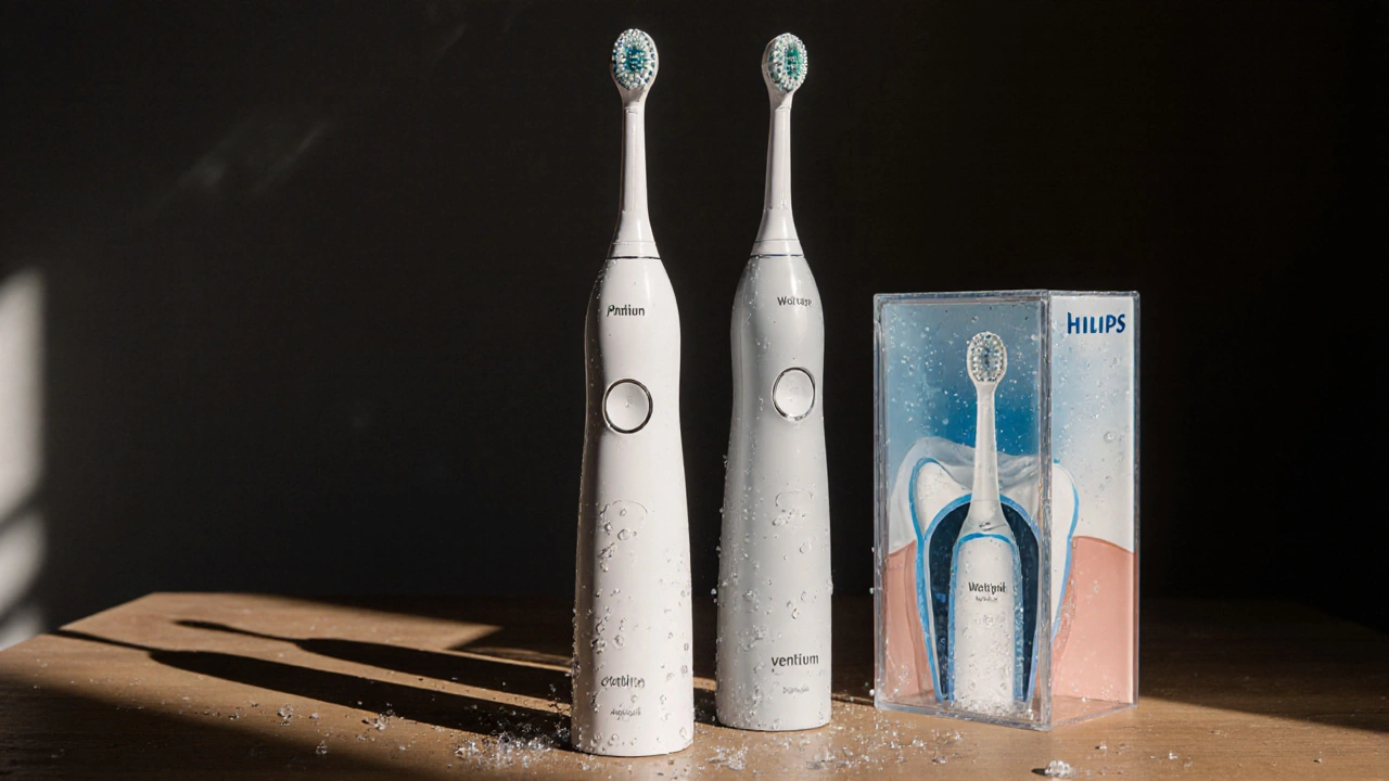 Tři nejlepší ultrazvukové čističe zubů uspořádané na dřevěném povrchu.