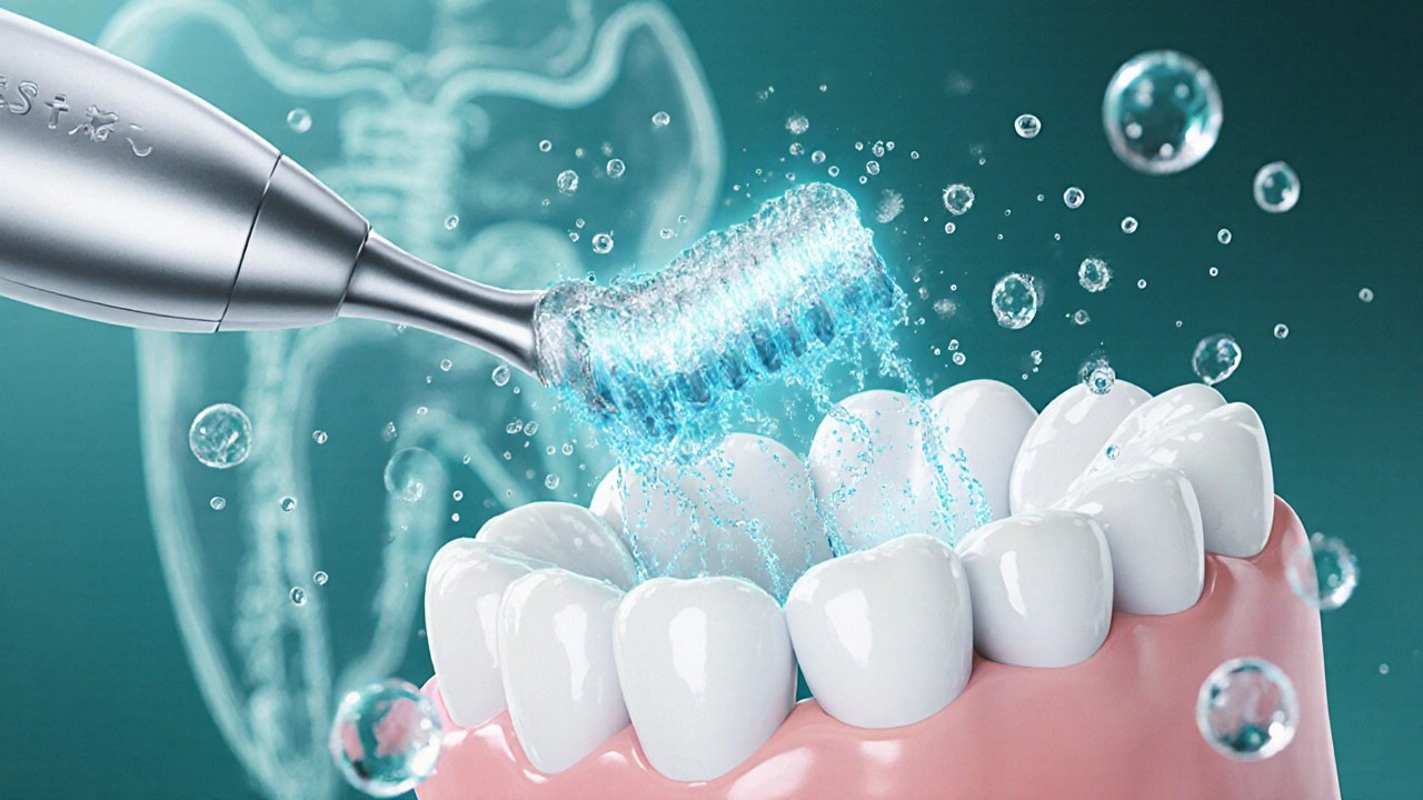 Ultrazvukové vlny rozkládají plak na povrchu zubu v mikroskopickém detailu.