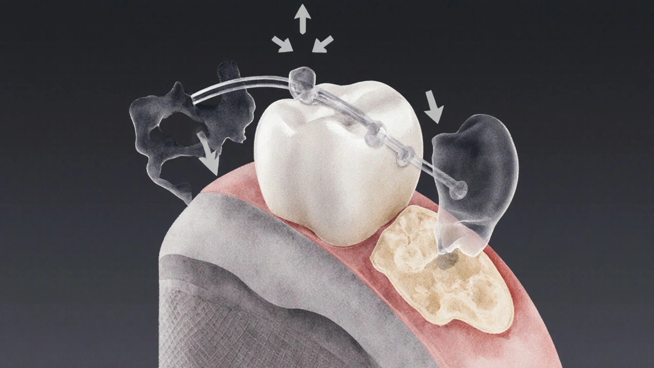 Vizuální znázornění remodelace kosti kolem kořene zubu při působení ortodontické síly.