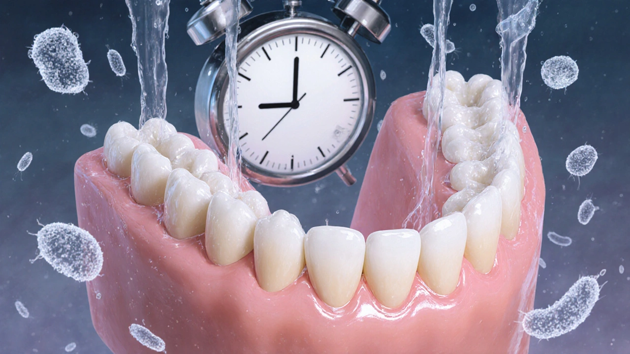 Zdravé dásně s protézou a odstraňované bakterie v čisticím roztoku.