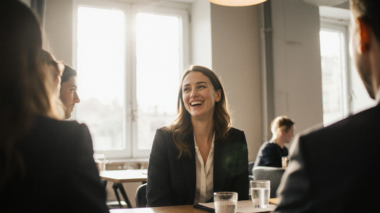 Žena se směje během firemní schůzky v brněnské kavárně s jasným úsměvem.