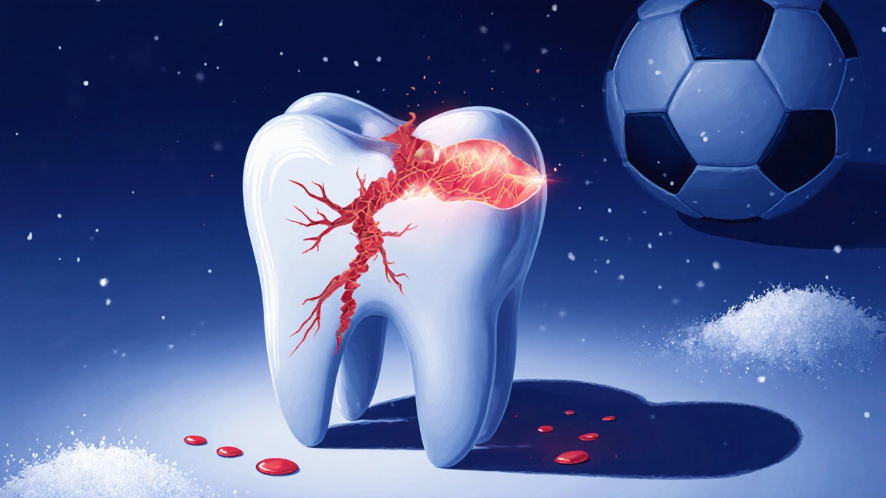 Zlomený přední zub s viditelným nervem uvnitř, poškozený při sportovním úrazu.