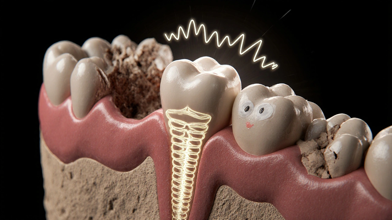 Zub udržovaný zdravými tkáněmi, sonické vlny chrání jeho polohu proti posunu.