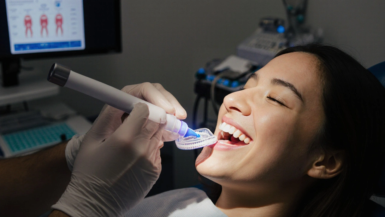 Zubař aplikuje vybělující gel na zuby pacienta pod LED světlem v klinice.