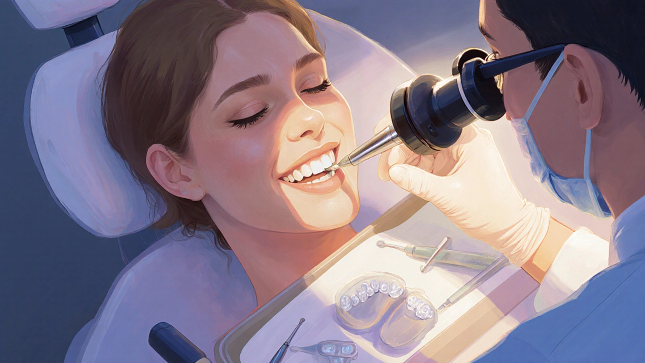 Zubař pečlivě prohledává zubní fazety pomocí zvětšovacího skla.