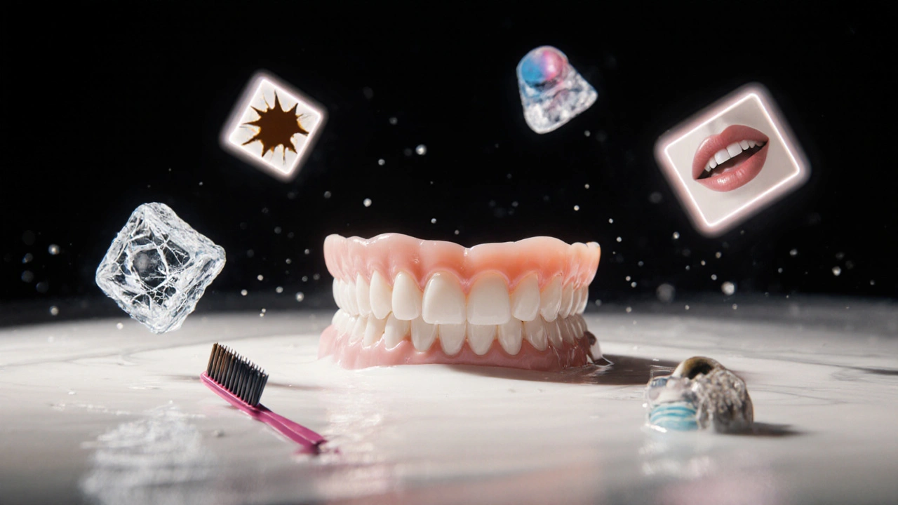 Zubní fazety plovoucí v mléce s ikonami hrozeb jako káva, led a tvrdý kartáček.