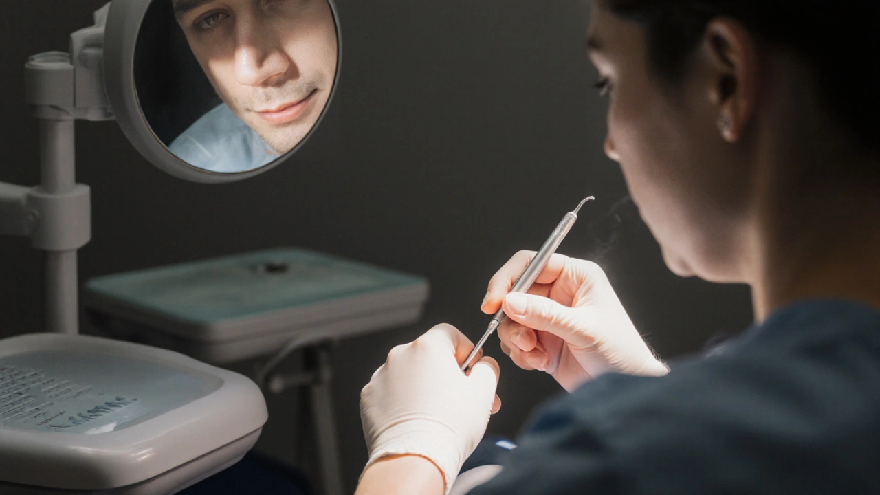 Zubní lékař měří hloubku dásňové kapsy pomocí sondy během vyšetření pod dásní.