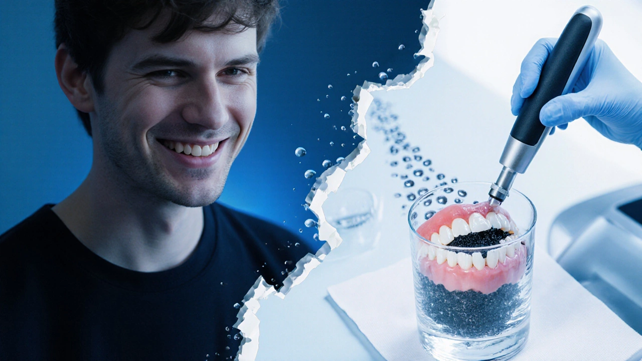 Zubní lékař odstraňuje černý kámen ultrazvukem, v pozadí voda a čisté zuby symbolizují obnovu.