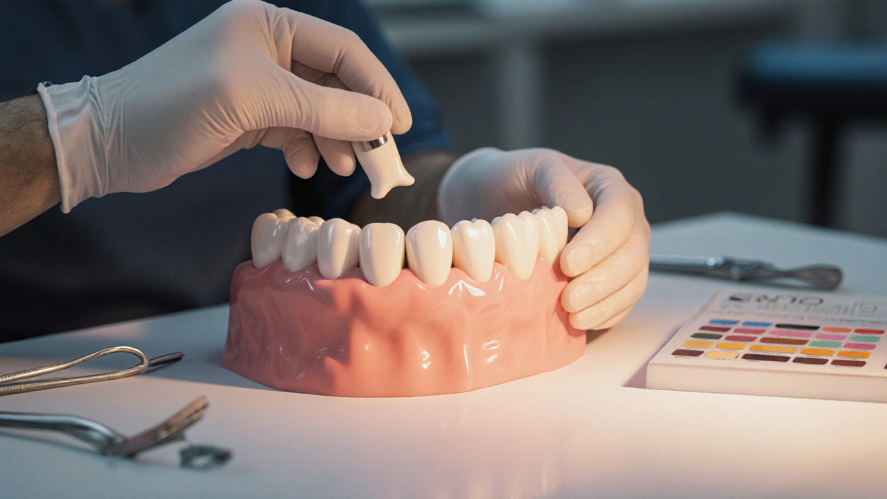 Zubní lékař přesně přizpůsobuje novou výplň barvě běleného zubu.