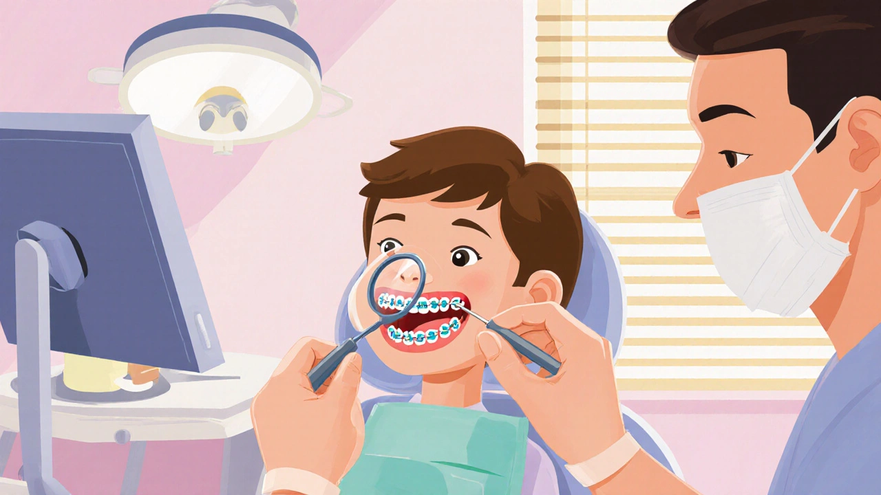 Zubní lékař upravuje keramické závěsy dítěti v klinice s jemným osvětlením.