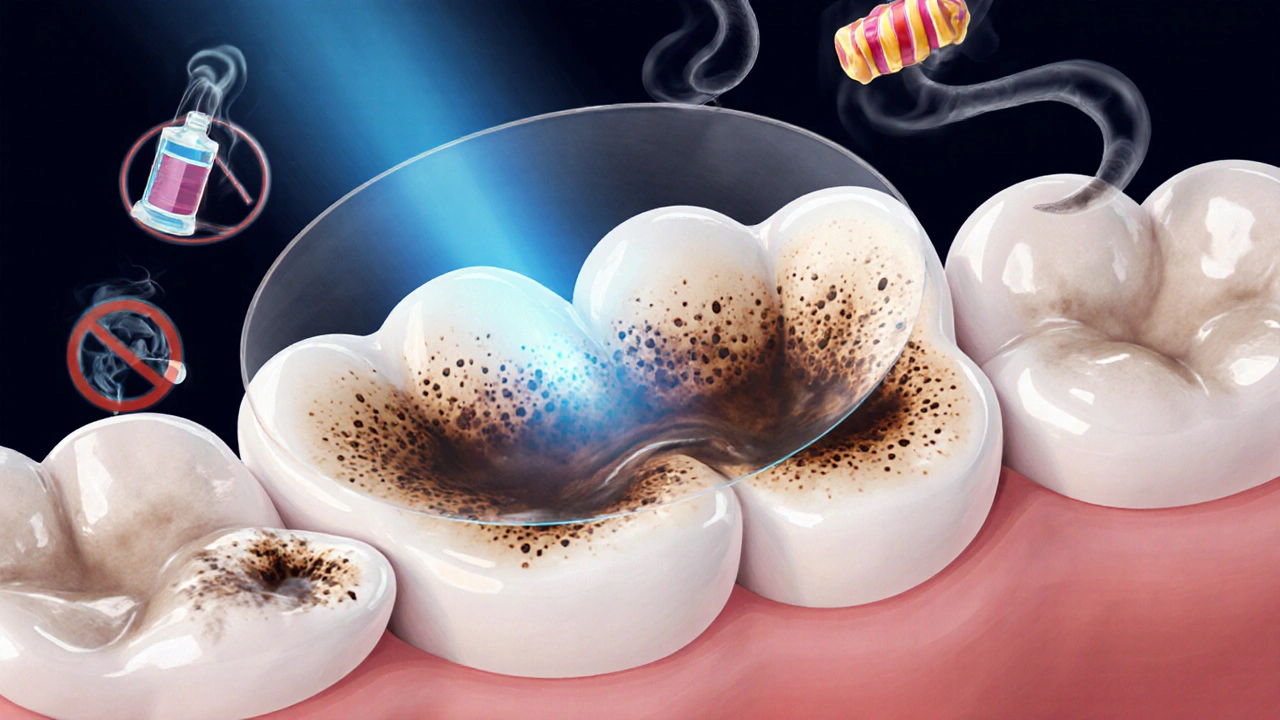 Zvětšený pohled na zubní email s vstřebávajícími se barvivy a fluoridovou ochrannou vrstvou.