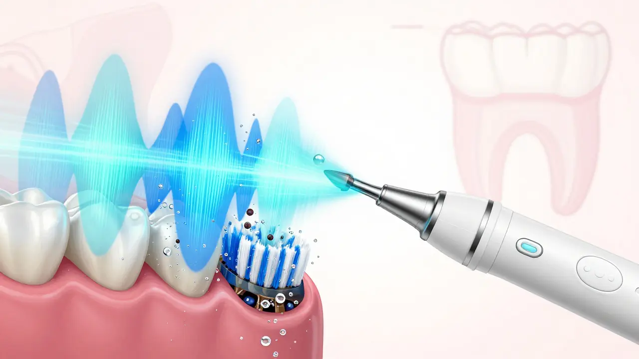 Abstraktní znázornění ultrazvukových vln a mikrobublinek odstraňujících plak pod dásněmi.