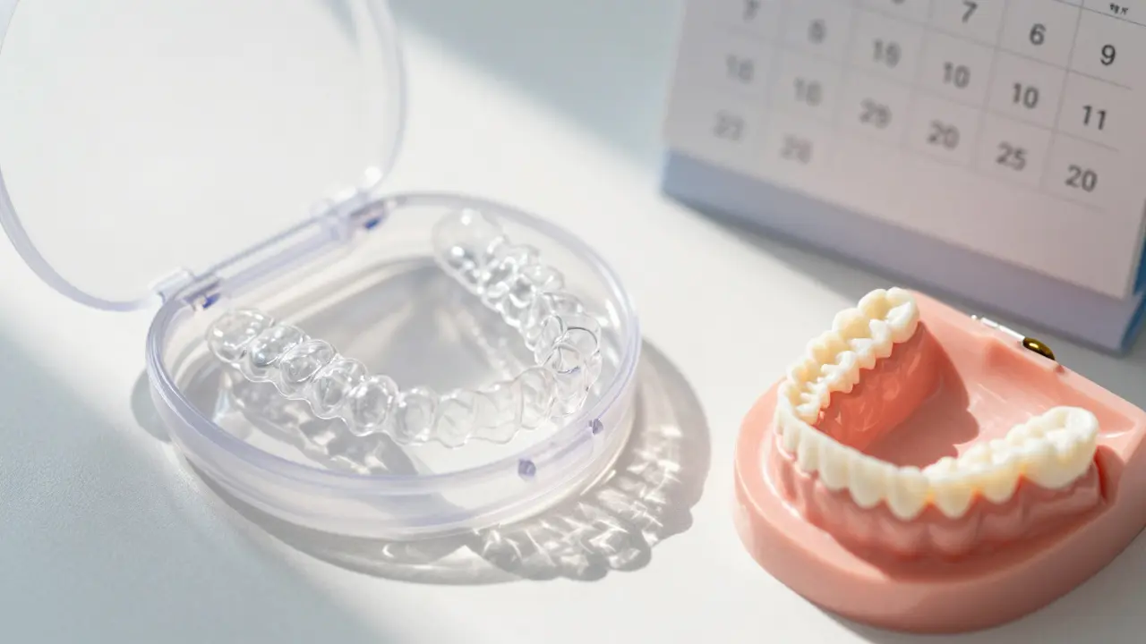 Čistá rovnátka v případu vedle zubního otisku a kalendáře s označenými daty.