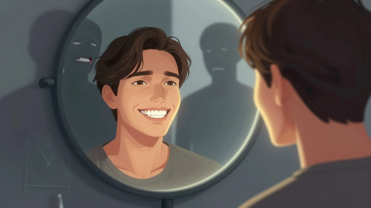 Člověk se usmívá do zrcadla, kde jeho zuby jsou dokonale zarovnané, zatímco v pozadí jsou stíny bolesti.