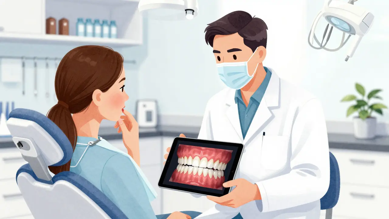 Dentista a pacientka společně prohlížejí digitální návrh úsměvu na tabletu v klinice.