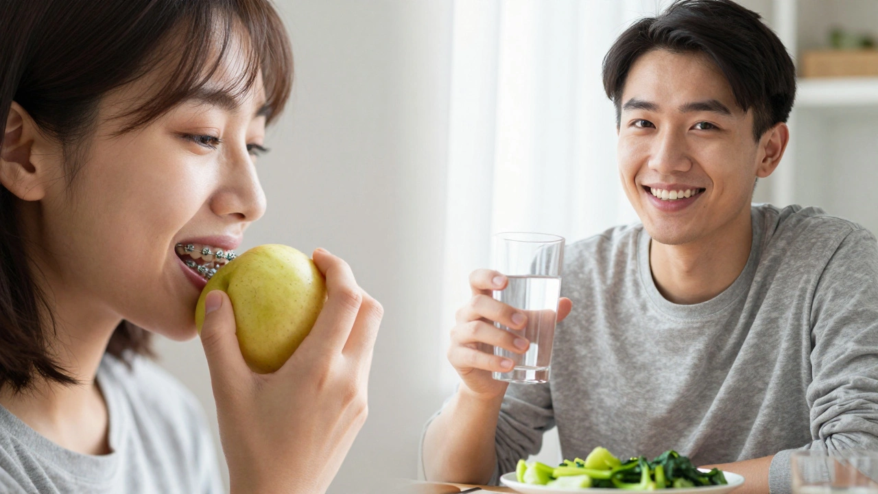 Dvě části obrázku: poškozené rovnátka při kousnutí do jablka a zdravý úsměv po léčbě s zdravou stravou.