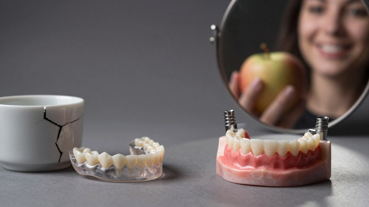 Dvě cesty: stará plastová protéza vs. pevná zubní náhrada na implantátech s přirozeným úsměvem.