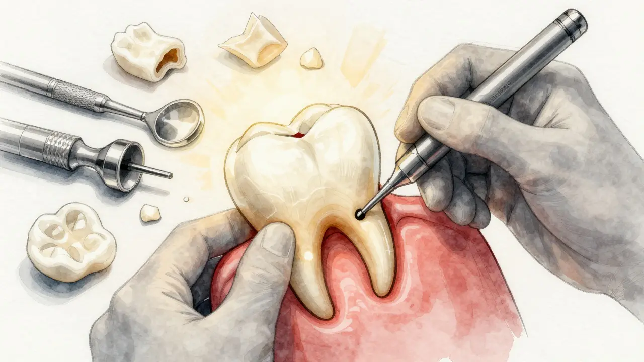 Healthy tooth being saved by root canal treatment while decayed teeth lie discarded.