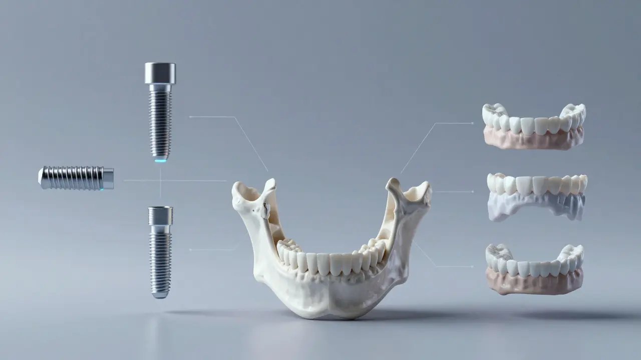 Jawbone showing bone loss after tooth extraction with dental replacement options floating nearby.