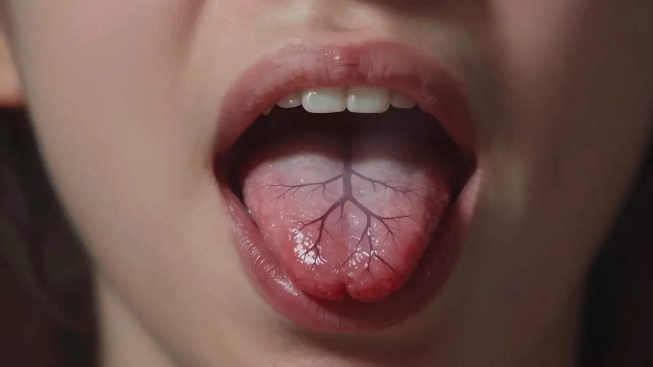 Koncepční obrázek úst s průhledným náznakem nádoru pod sliznicí, který se rozšiřuje od jazyka směrem ke hltanu.