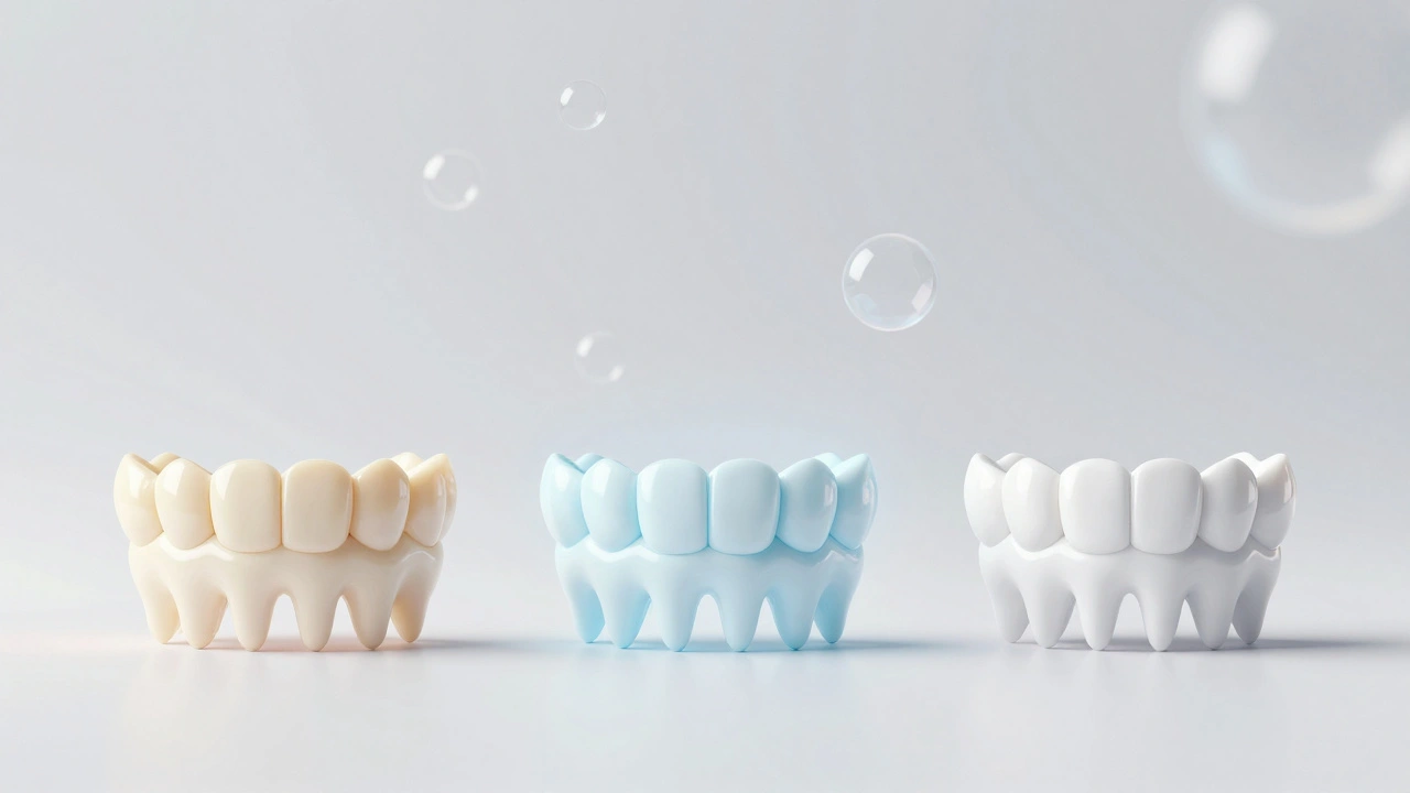 Koncepční znázornění transformace zubů od žlutých po bílé během bělení.