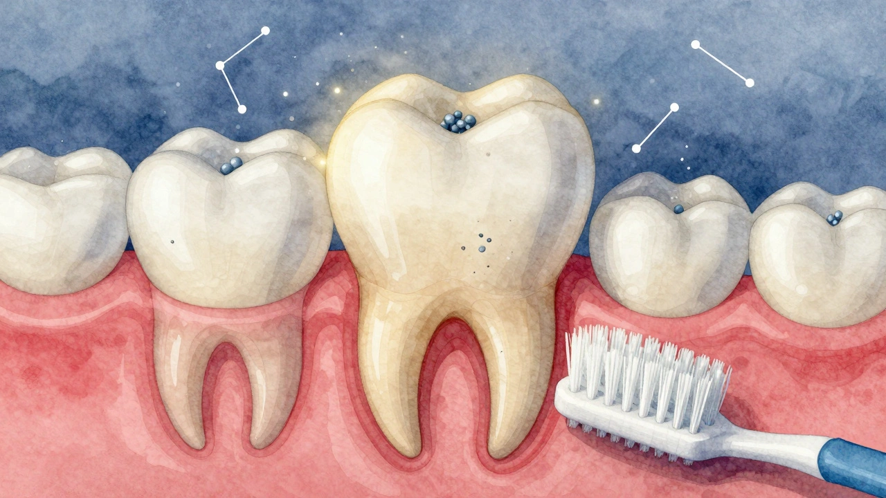 Křížový řez zubu s odhaleným dentinem, který je uzavírán mikroskopickými částicemi, ochranná vrstva se tvoří pod jemným štětcem.
