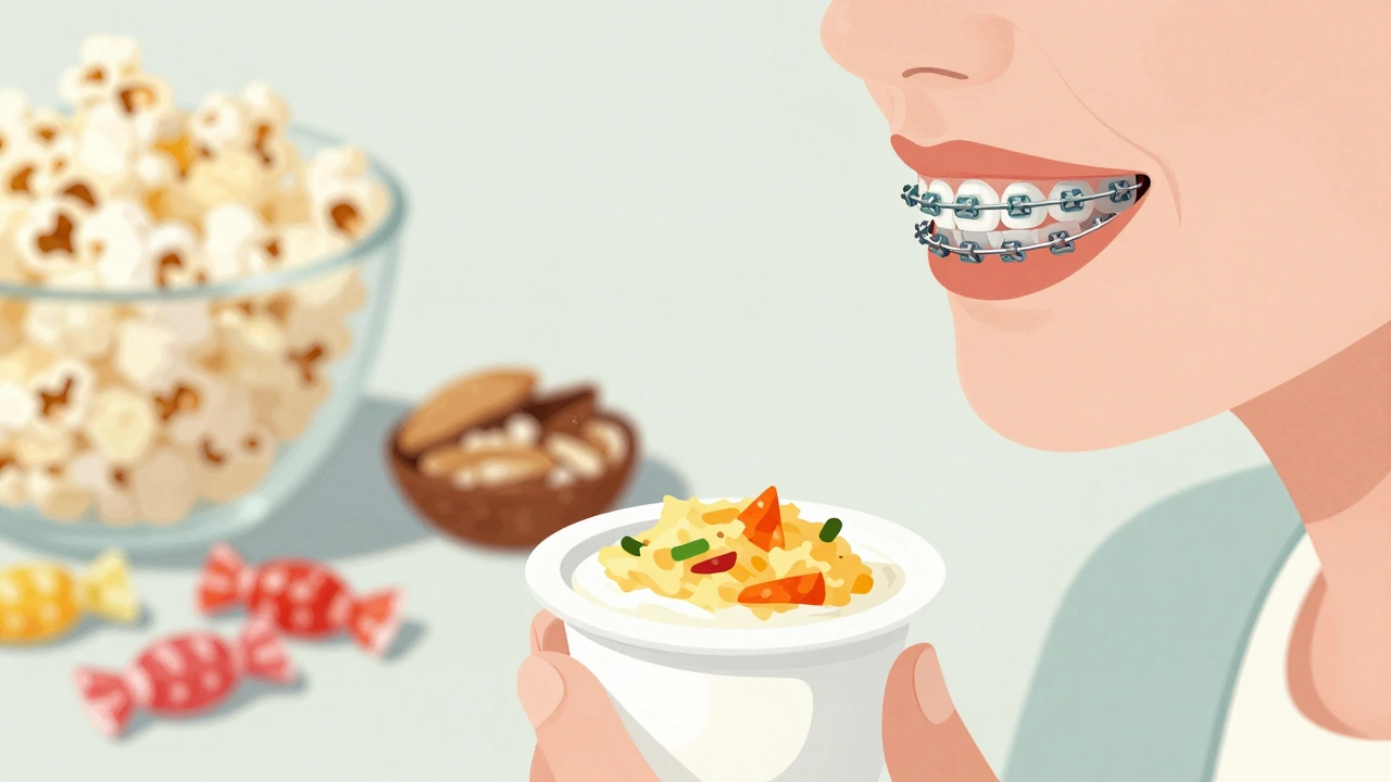 Osoba jí měkké potraviny s rovnátky, kolem ní jsou zakázané potraviny.