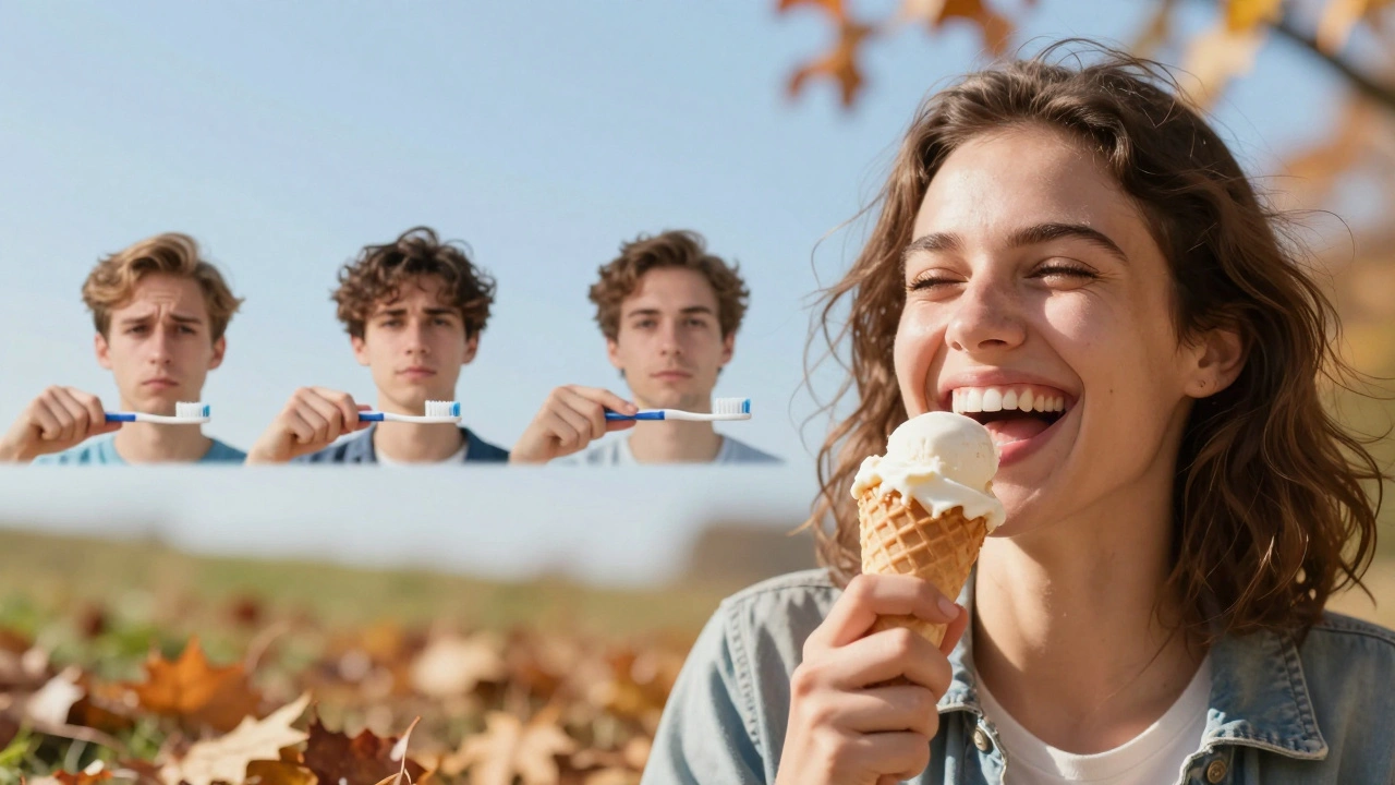 Osoba se směje, kousá zmrzlinu na listnatém podzimním pozadí, výraz beze strachu a bolesti.