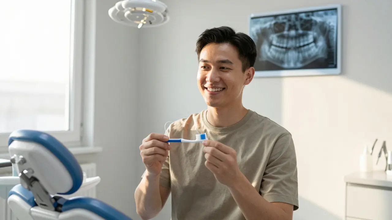 Osoba v zubní klinice s kartáčkem a nití, zdravé zuby na rentgenovém snímku.