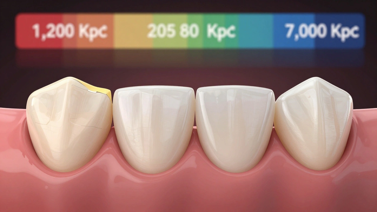 Porovnání kvalitní a nízkokvalitní kompozitní fazety na předních zubech s viditelnými rozdíly v barvě a struktuře.