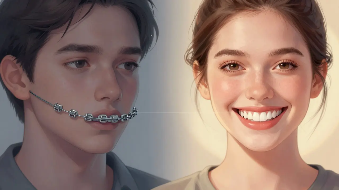 Porovnání osoby s kovovými drátky a osoby s fazetami na zubech.