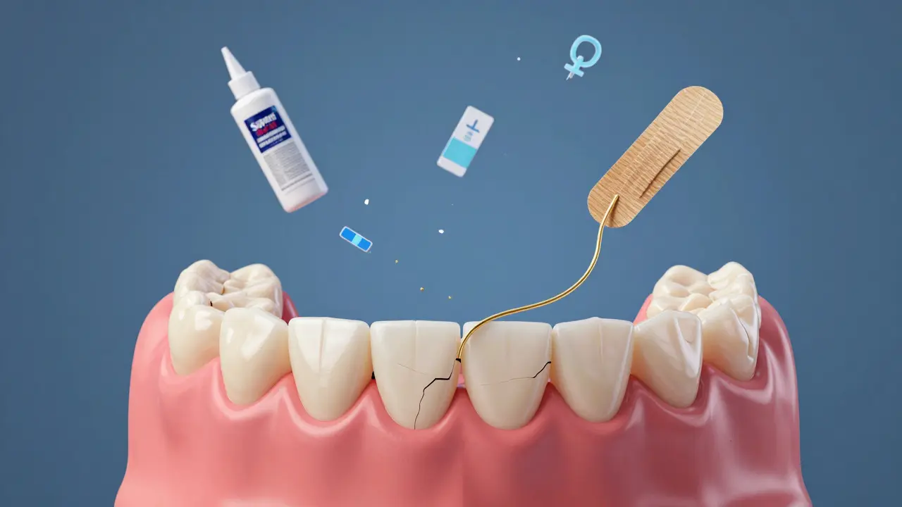 Poškozená protéza spojená s dásními zlatým lepidlem, nebezpečné látky padají pryč.