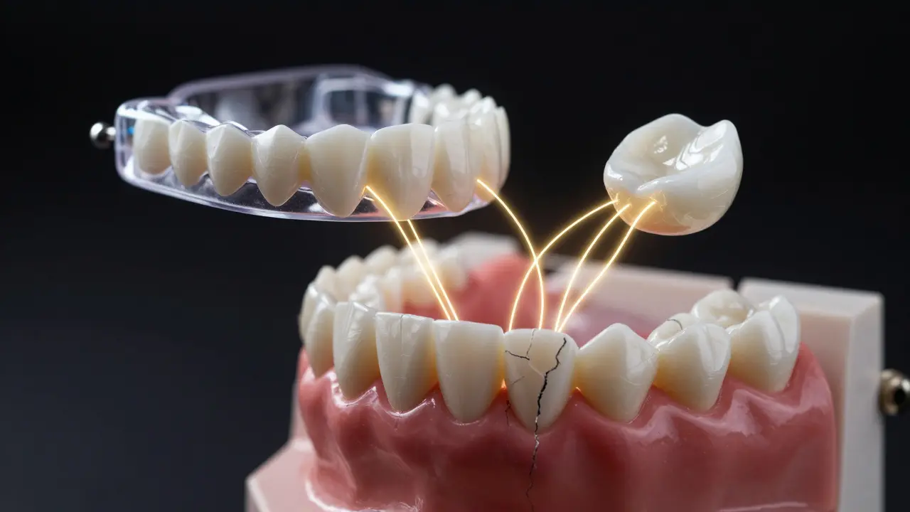 Prasklý veneers a noční ochranná destička nad zubním modelem.