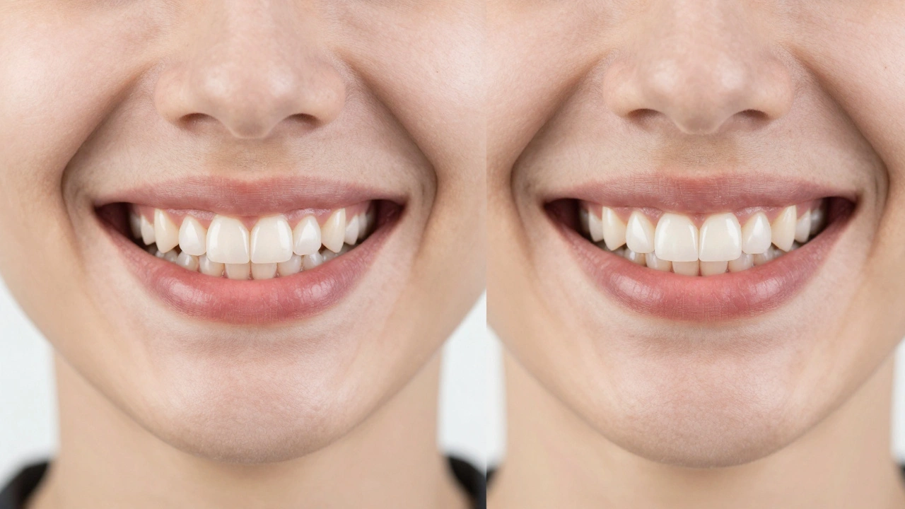 Před a po: chybějící zub a přirozený úsměv s protézou ve srovnání.