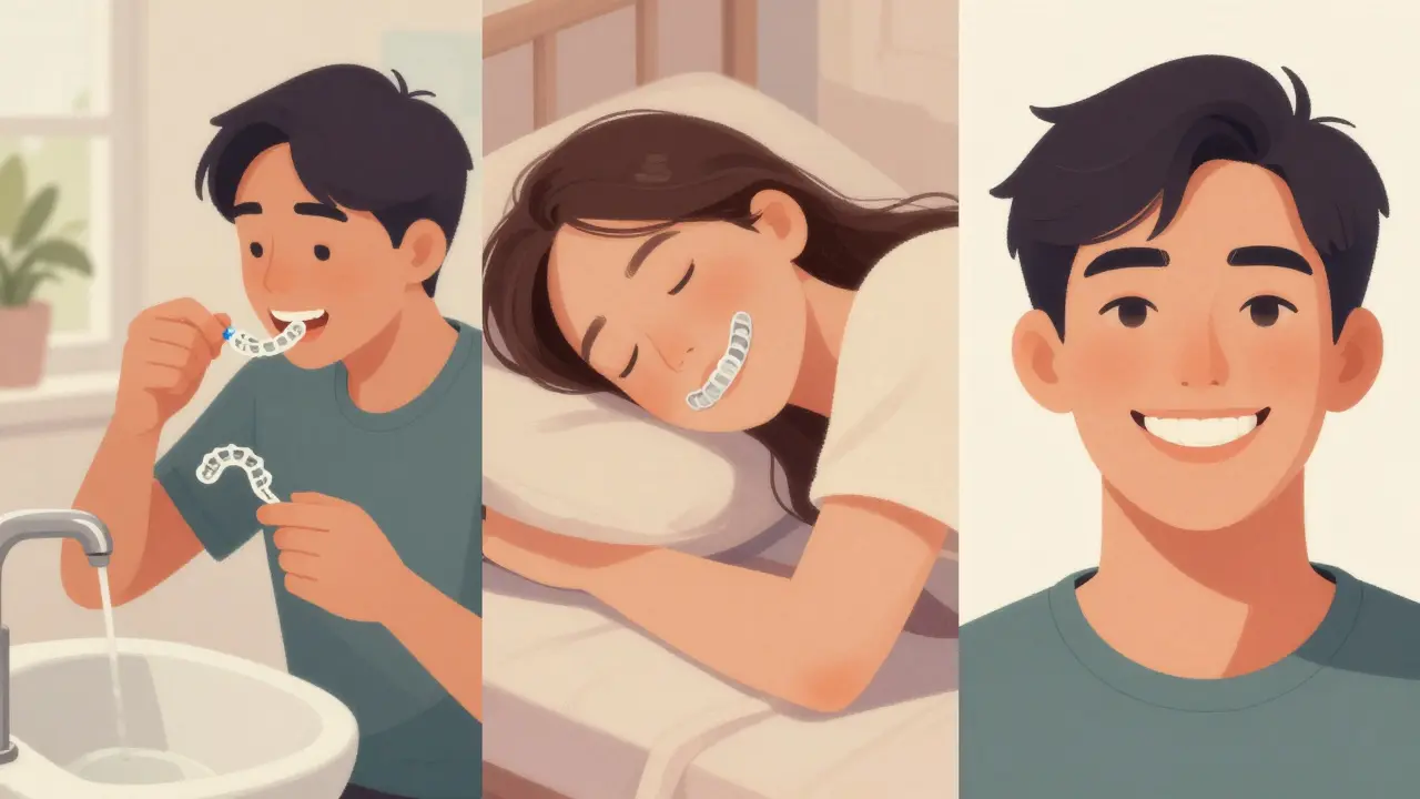 Průběh léčby: čistění, nošení a spánek s rovnátky, výsledek po měsících.