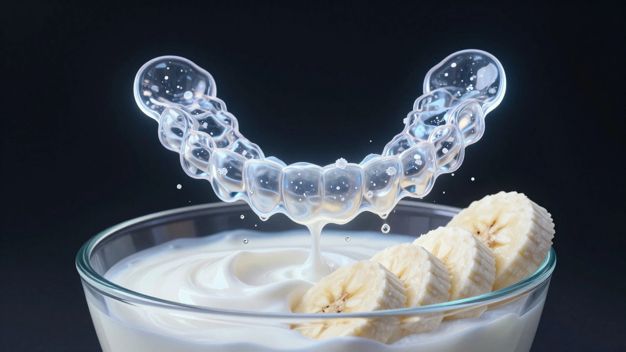 Průhledné rovnátka nad jogurtem a hruškou, symbolizující hromadění cukru a bakterií.