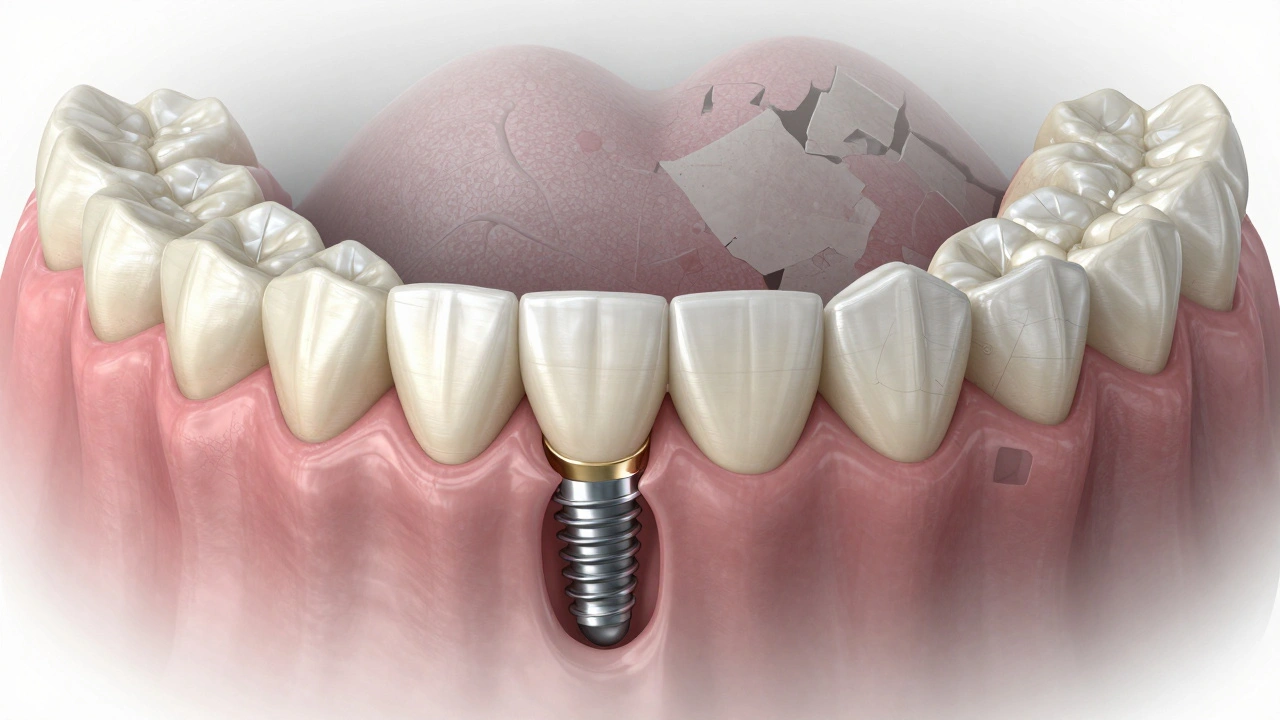 Průřez čelistí s implantátem a keramickou korunkou, s viditelným rozdílem mezi zdravou a rozpadající se kostí.