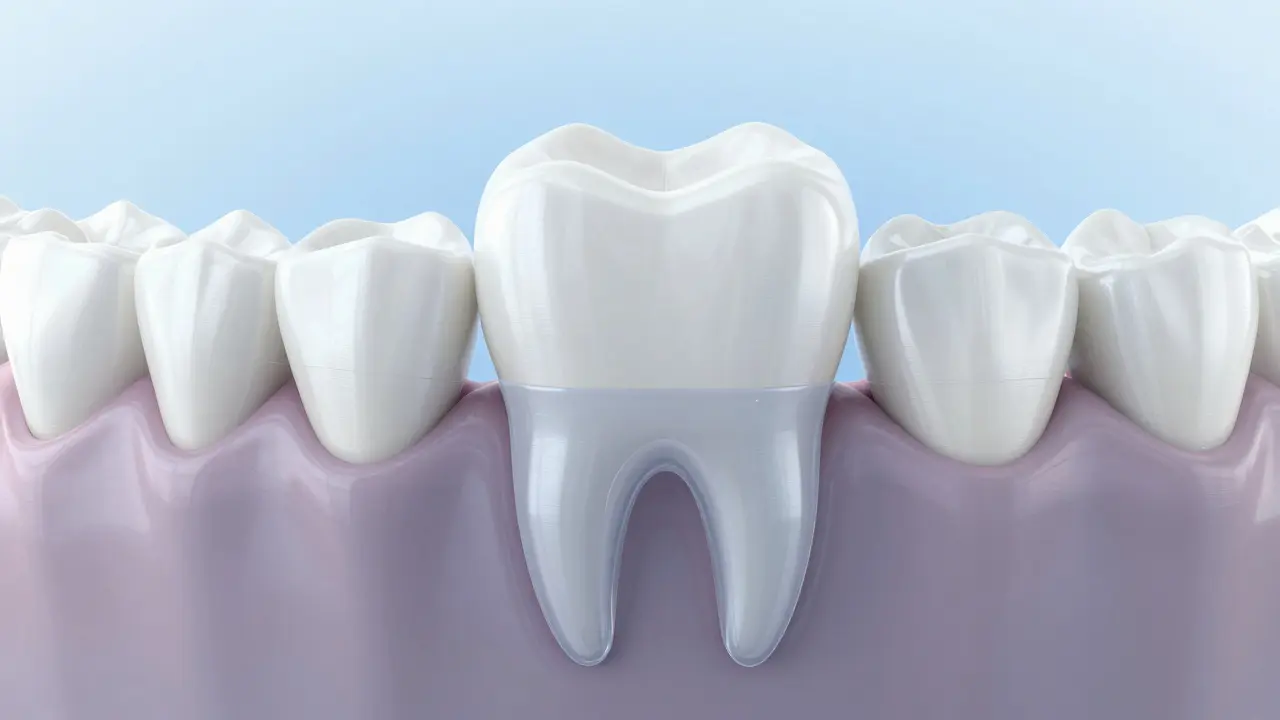 Průřez zubem ukazující křivý kořen pod dokonalou fazetou.