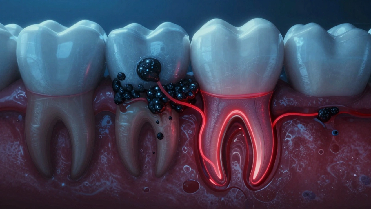 Průřez zubu ukazující šíření kazu pod zubním kamenem.