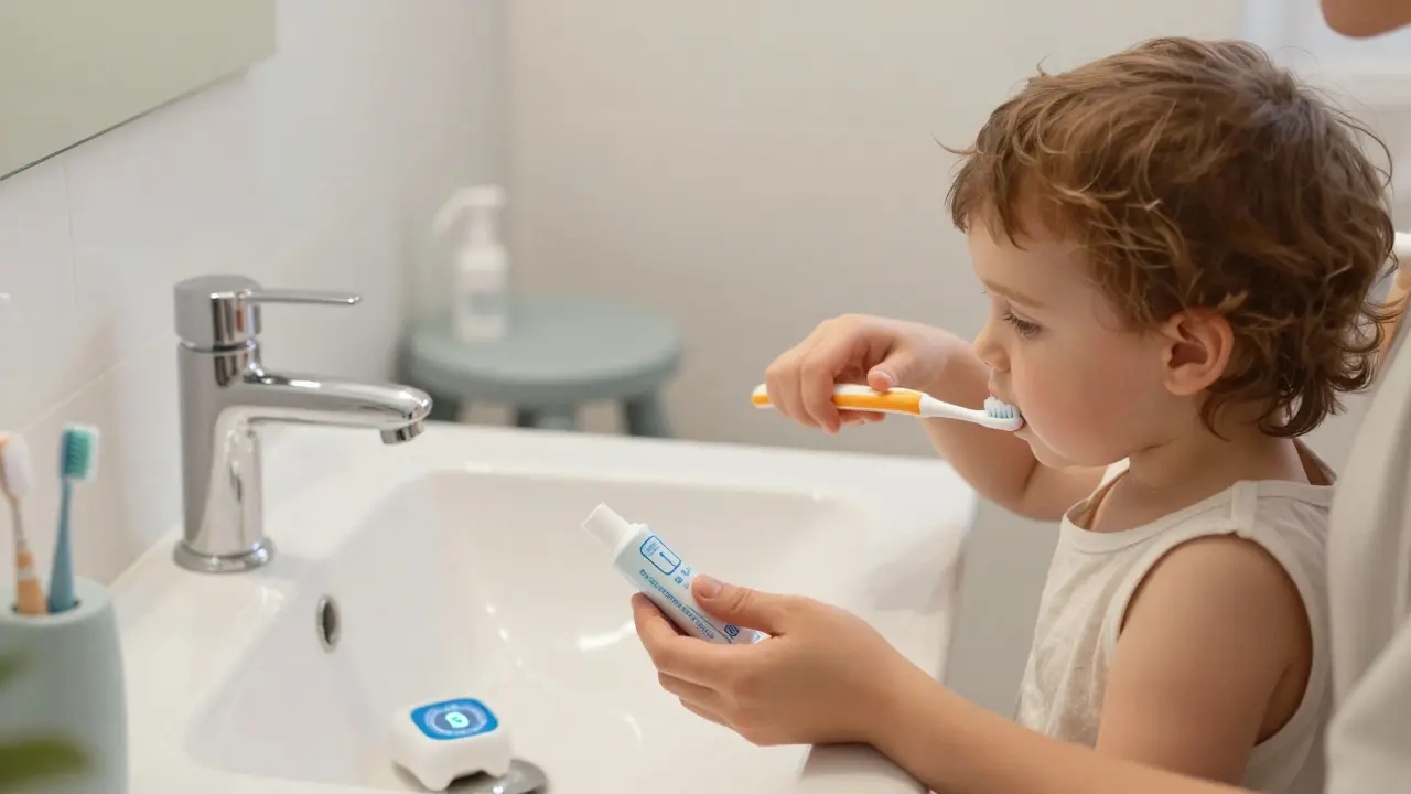 Rodič čistí zuby malému dítěti s malým množstvím fluoridové pasty a časovačem.